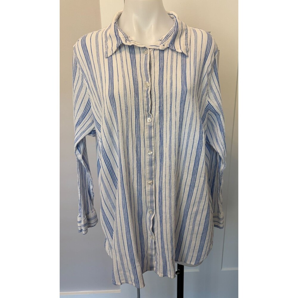 TALBOTS Womens Button TOP Long Sleeve BLUE White STRIPE Crinkle Size 3X